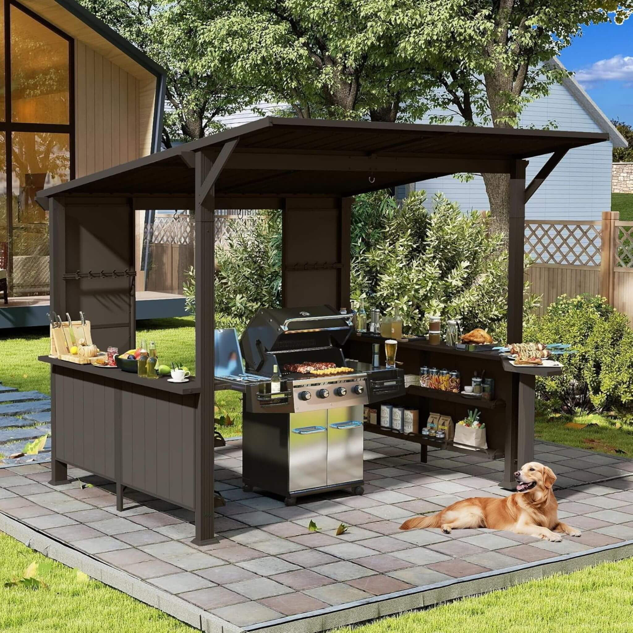 Alora Modern Slanted Hardtop Grill Gazebo | 9x10 Ft | Alloy Steel
