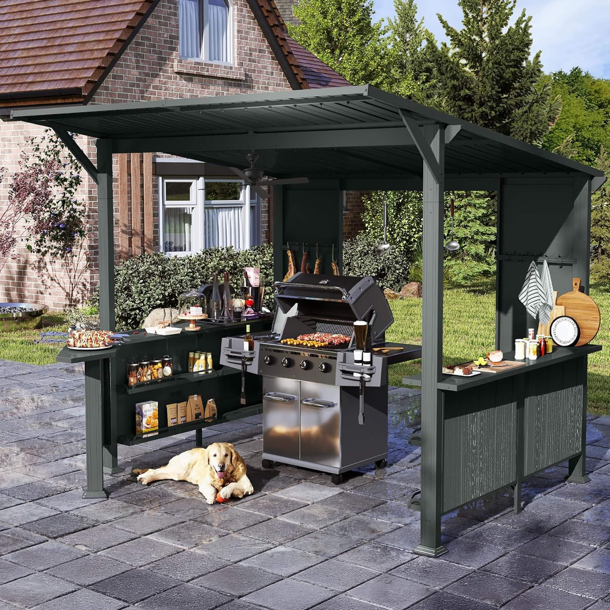Alora Modern Slanted Hardtop Grill Gazebo | 9x10 Ft | Alloy Steel