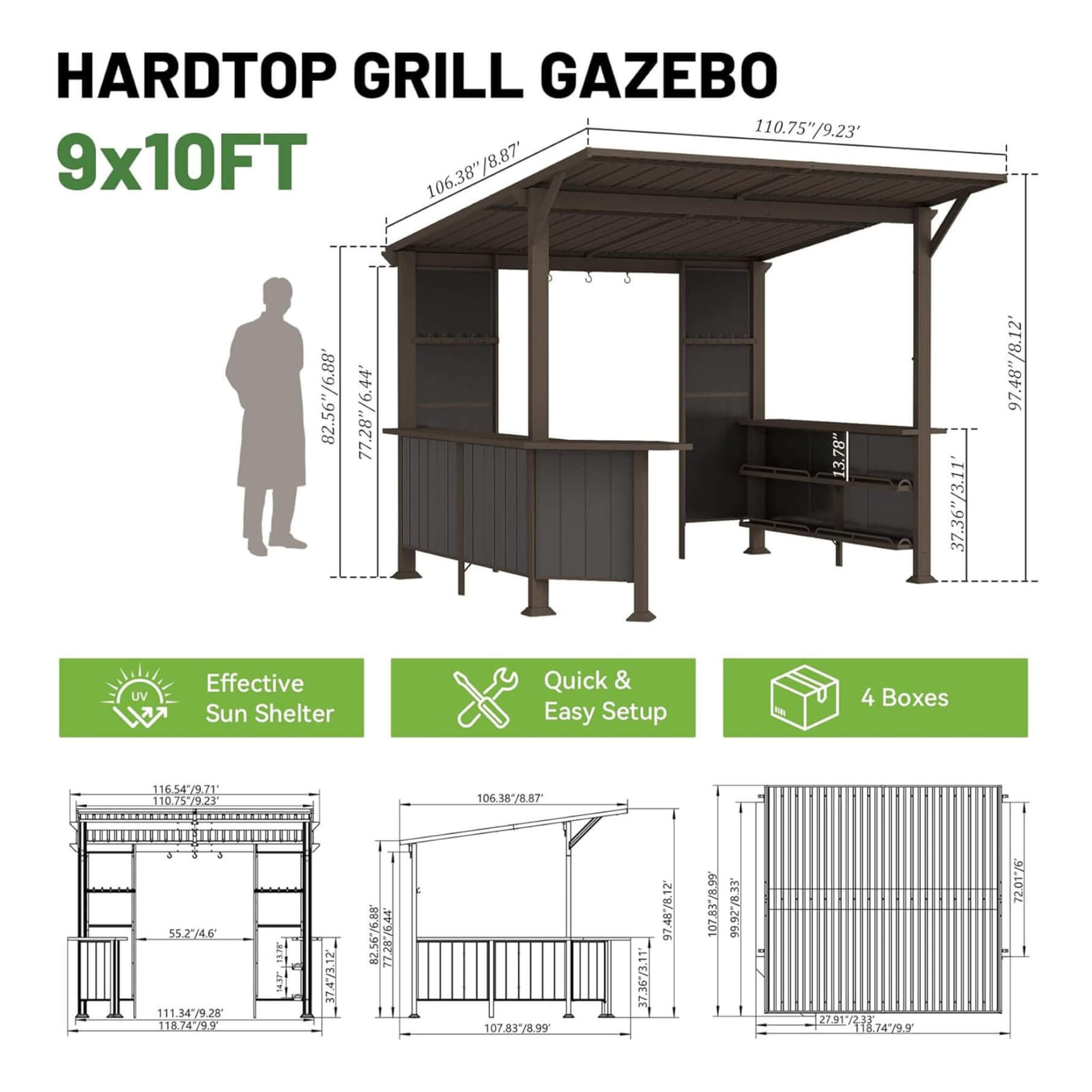 Alora Modern Slanted Hardtop Grill Gazebo | 9x10 Ft | Alloy Steel