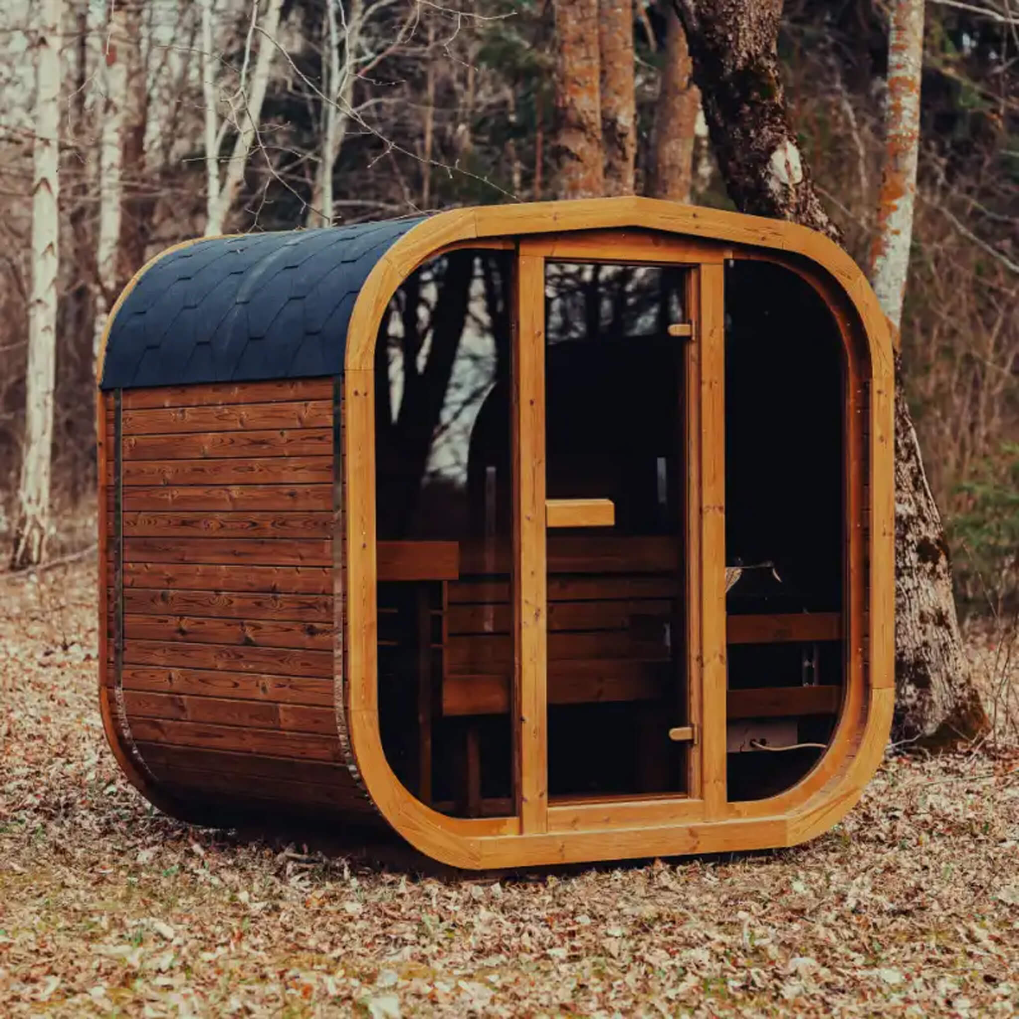 Premium 4-Person Outdoor Scandinavian ThermoWood Cube Sauna Kit with LED Lighting