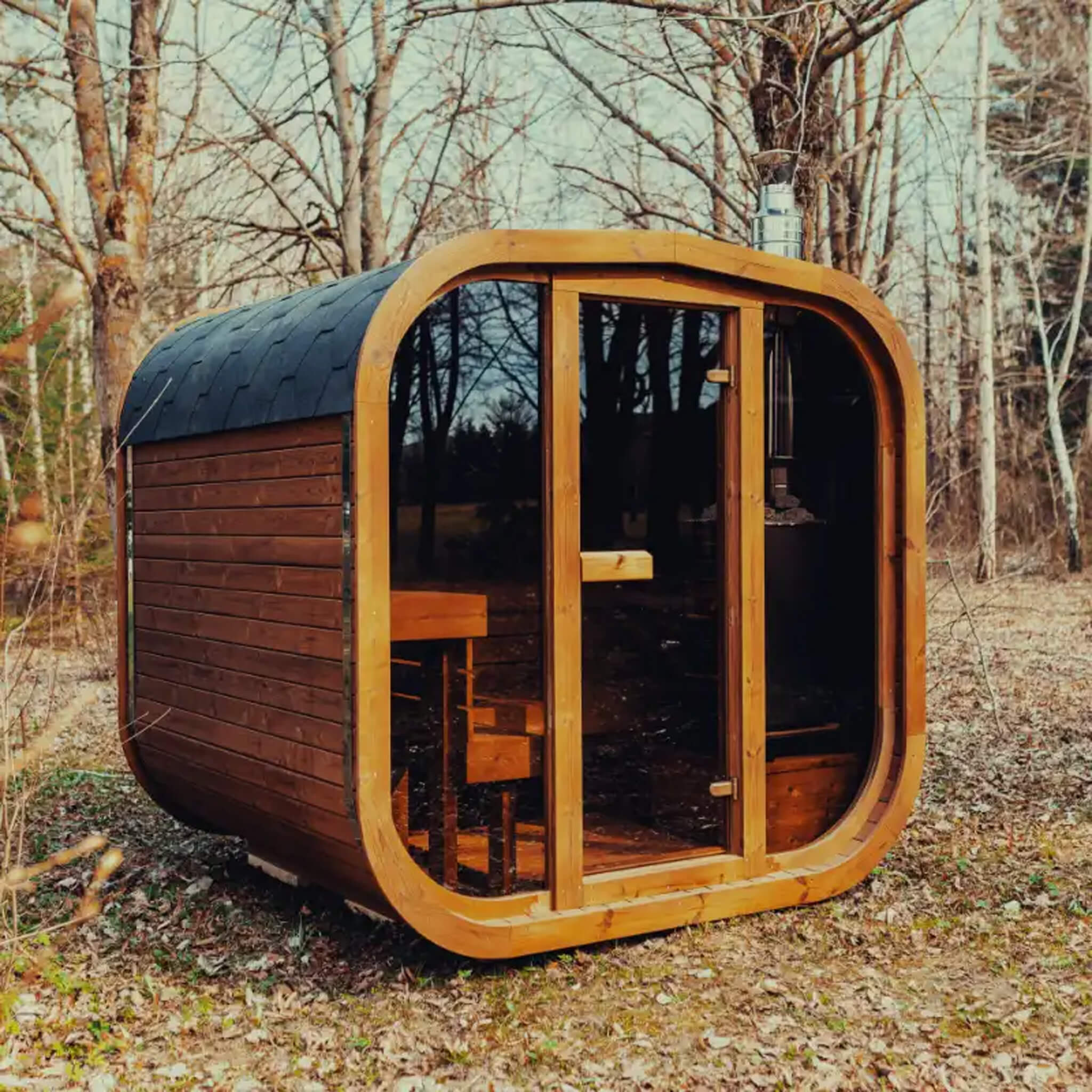 Premium 6-Person Outdoor Scandinavian ThermoWood Cube Sauna Kit with LED Lighting