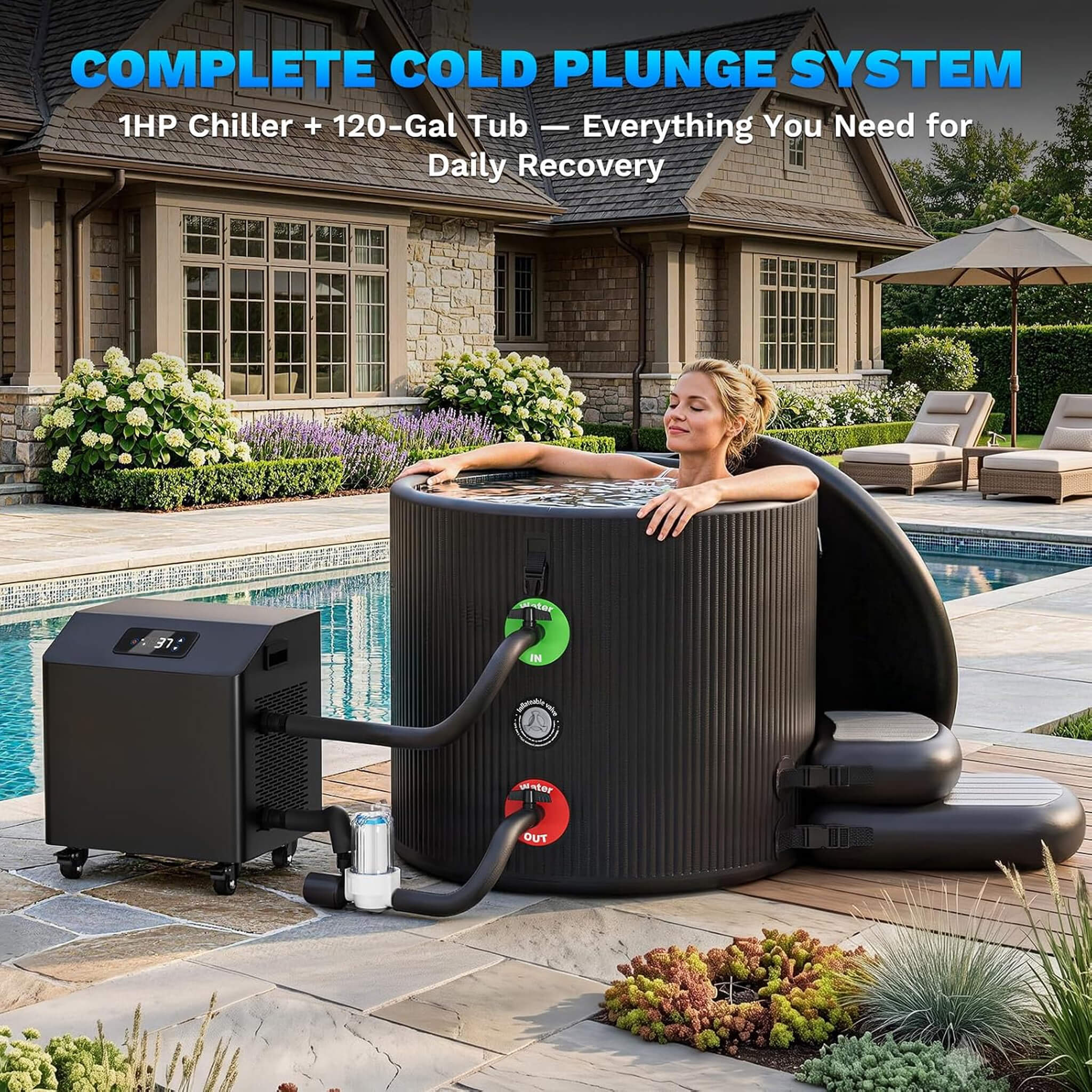 Premium XL 120 Gal Cold Plunge Tub Kit with 1HP Chiller, Filter & Pump