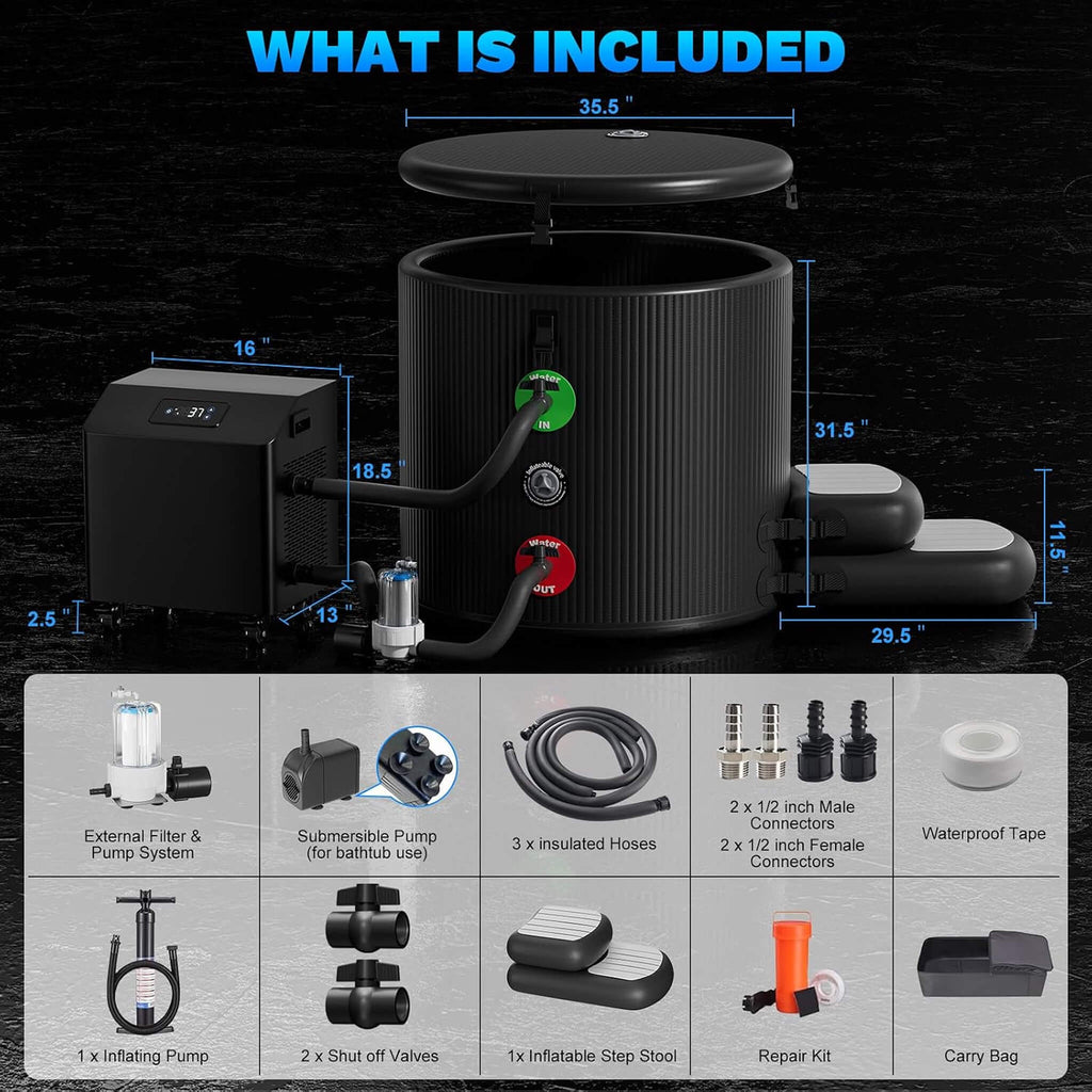 Premium XL 120 Gal Cold Plunge Tub Kit with 1HP Chiller, Filter & Pump