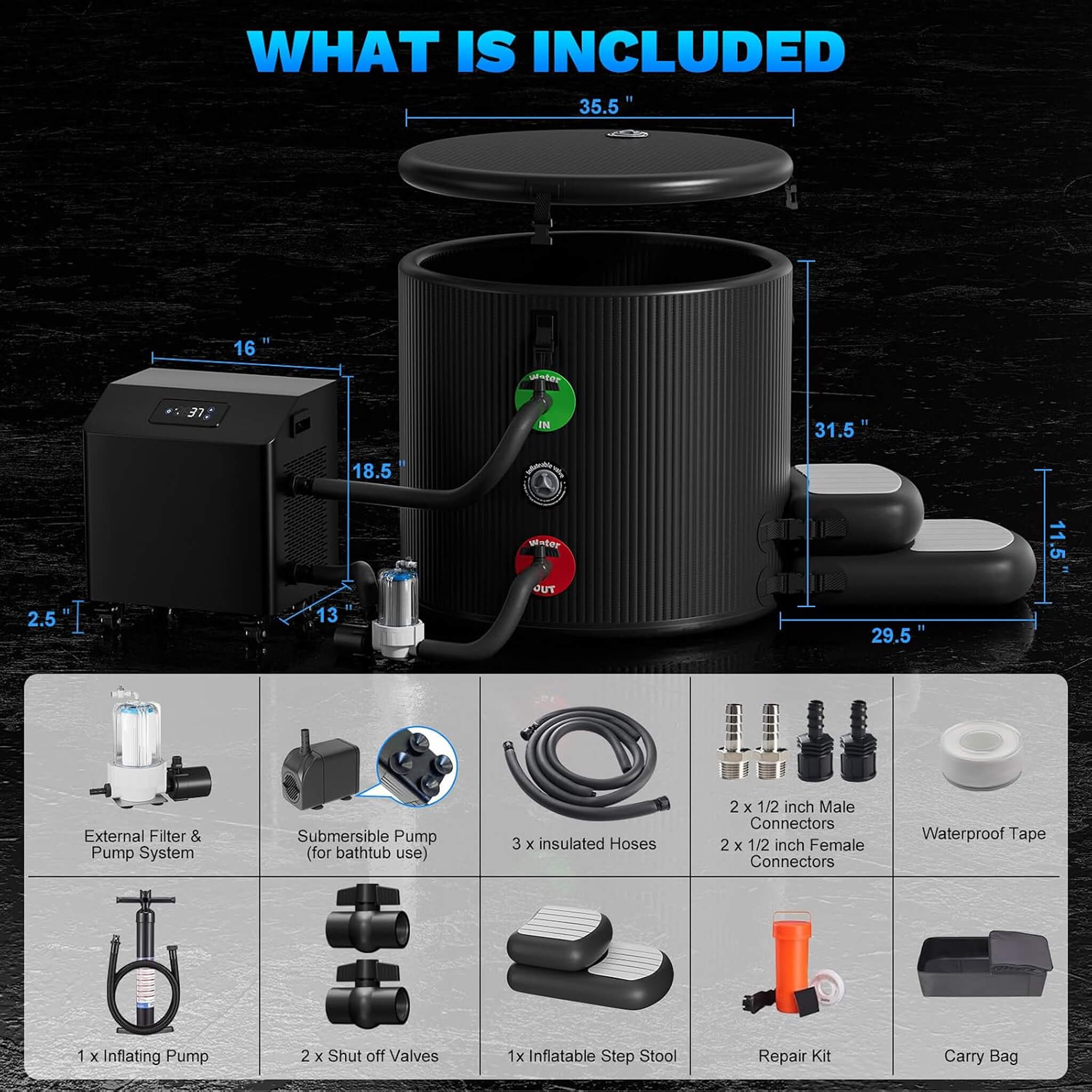 Premium XL 120 Gal Cold Plunge Tub Kit with 1HP Chiller, Filter & Pump