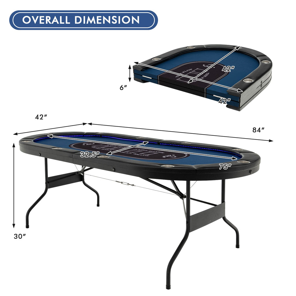 Foldable 10-Player Poker Table with LED Lights & USB Ports