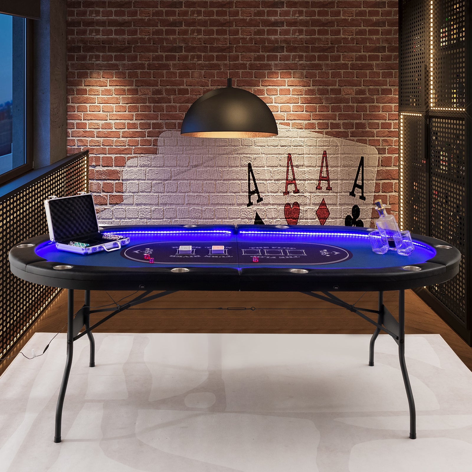 Foldable 10-Player Poker Table with LED Lights & USB Ports