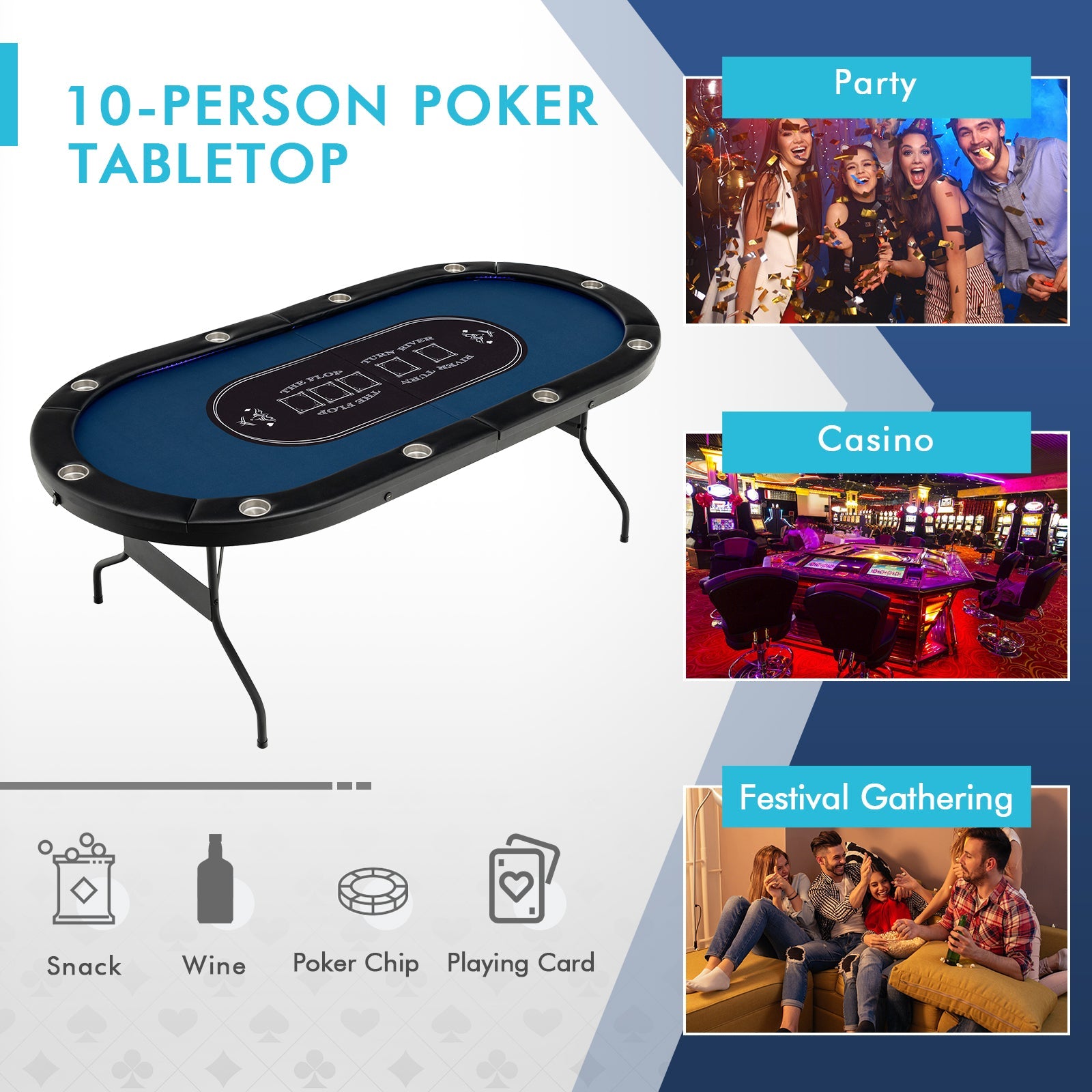 Foldable 10-Player Poker Table with LED Lights & USB Ports