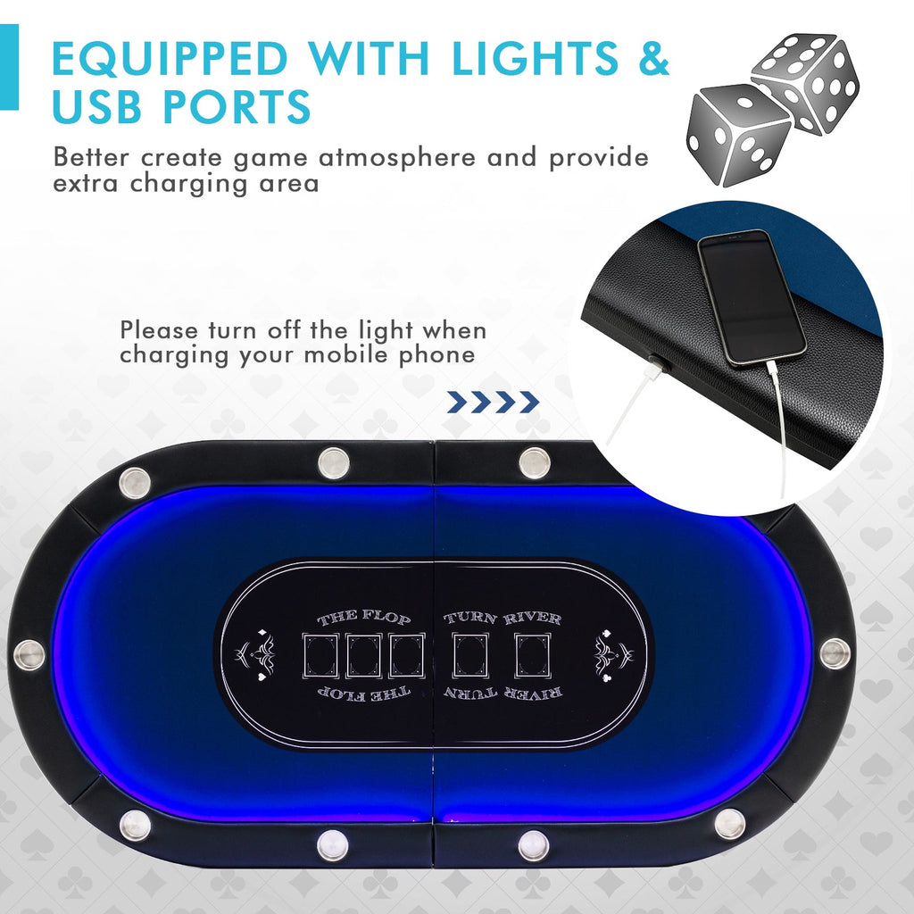 Foldable 10-Player Poker Table with LED Lights & USB Ports