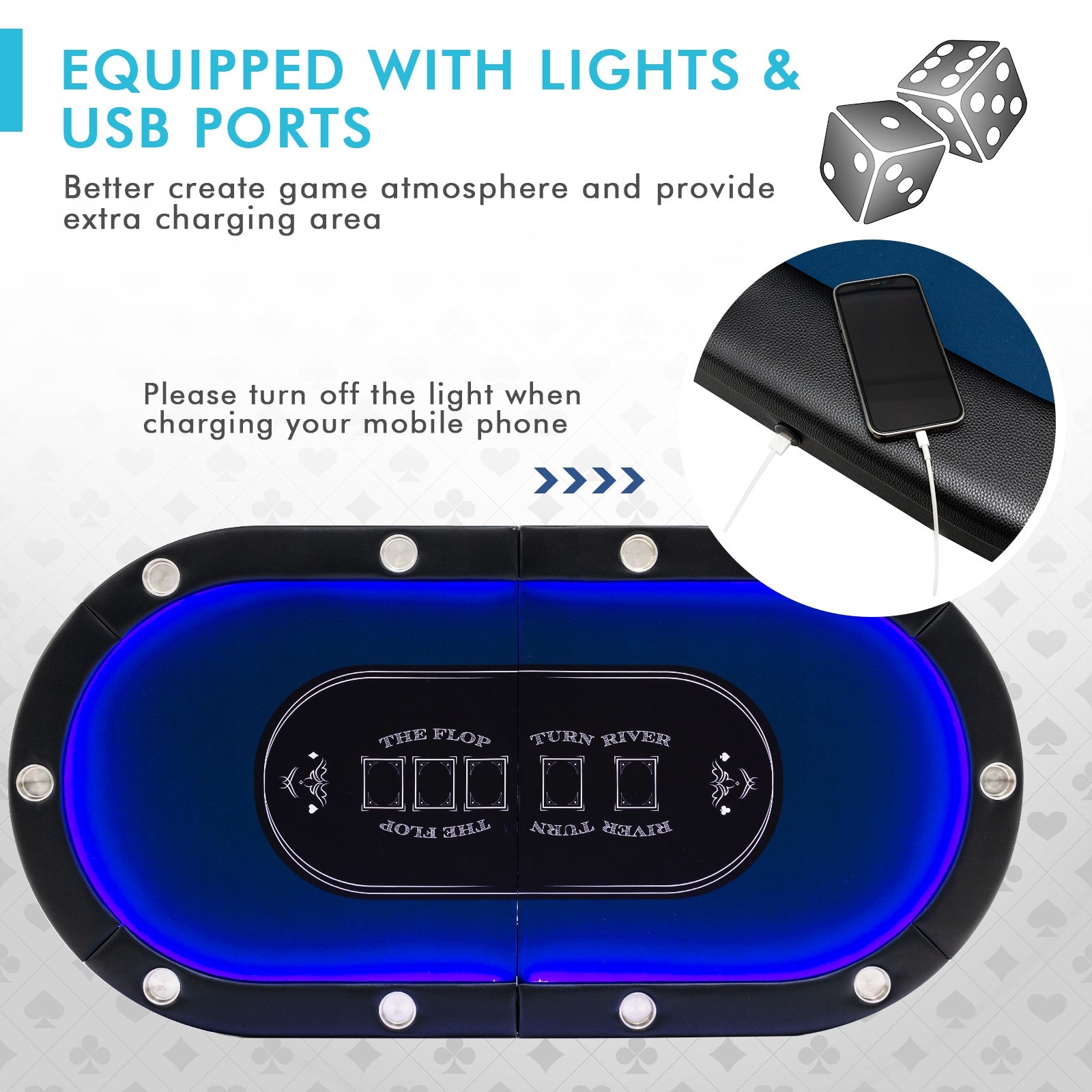 Foldable 10-Player Poker Table with LED Lights & USB Ports