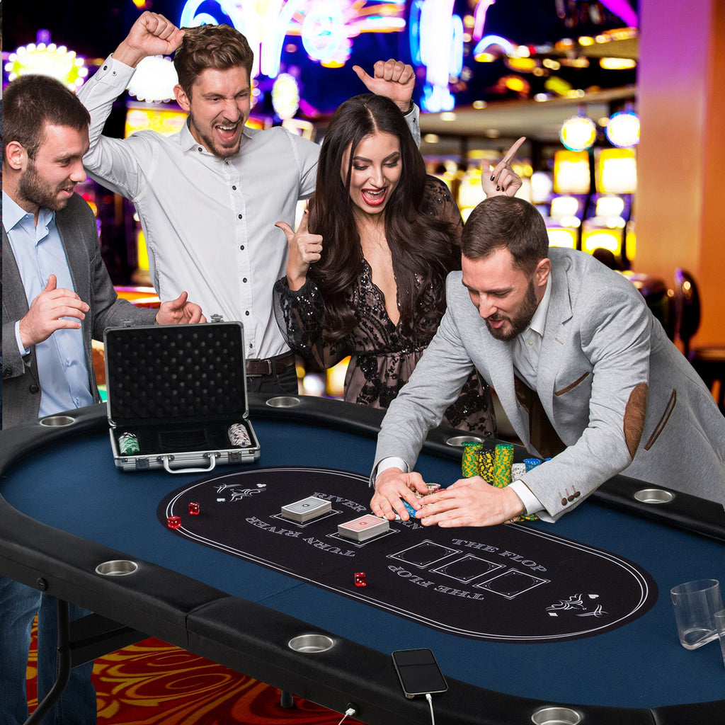 Foldable 10-Player Poker Table with LED Lights & USB Ports